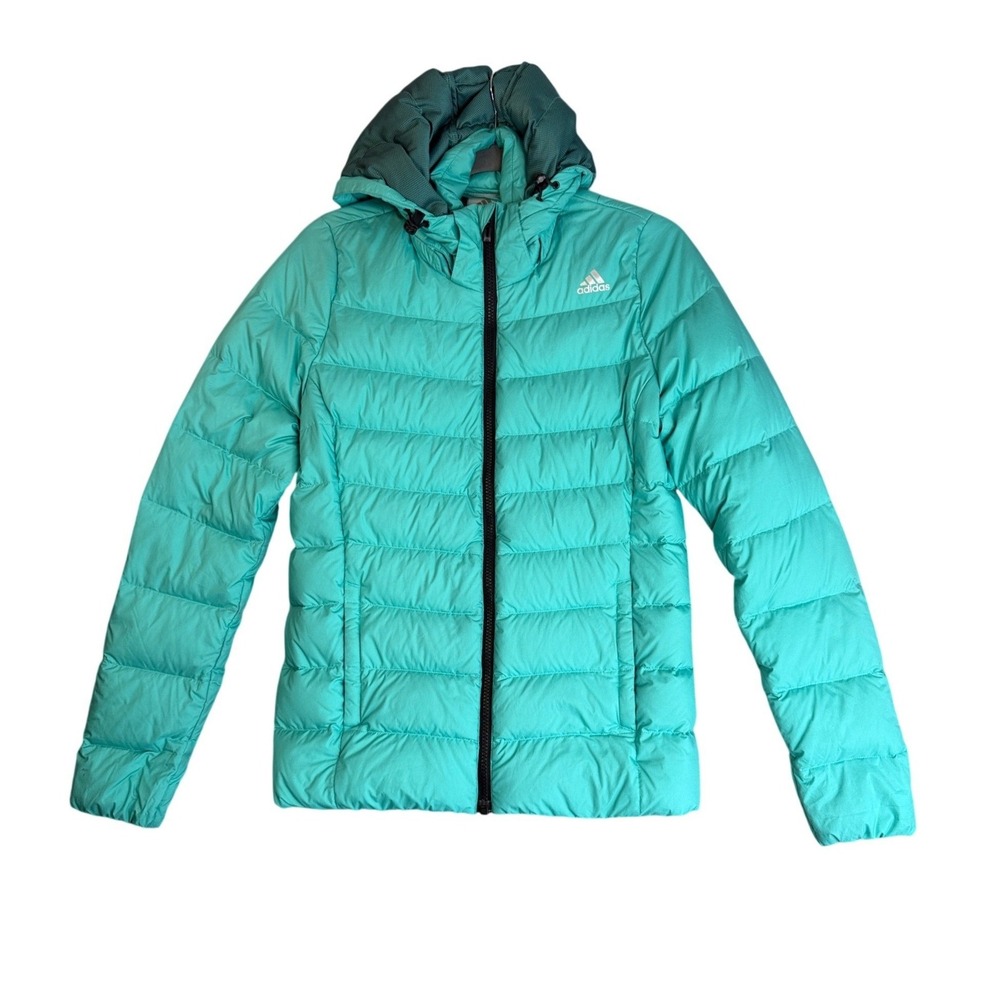 Adidas Hooded Goose Down Puffer Jacket Teal Turquoise Womens XS Quilted Packable